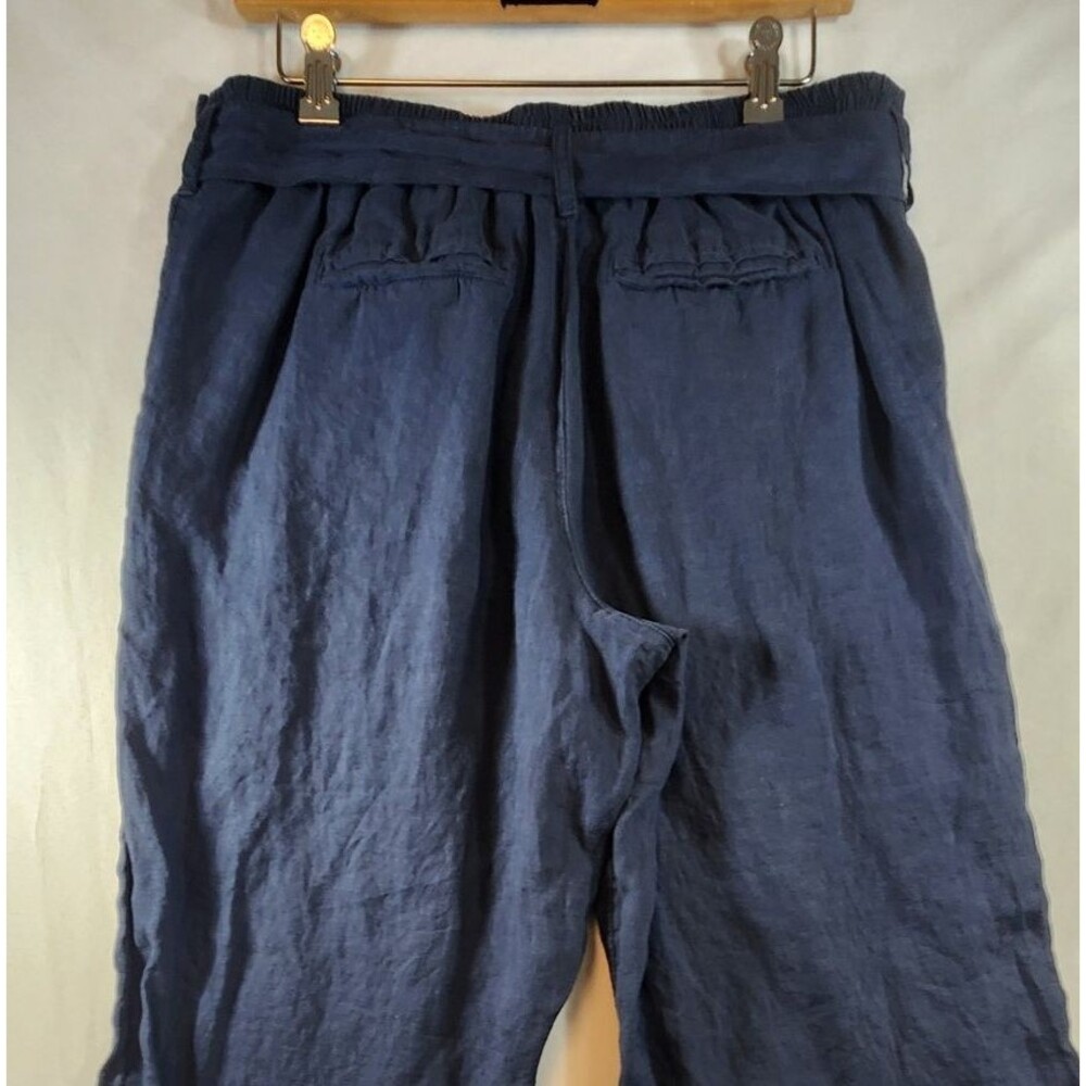 Nicole Miller Womens 100% Linen Capri Ankle Pants Med Blue Elastic Waist Belted - Picture 5 of 14